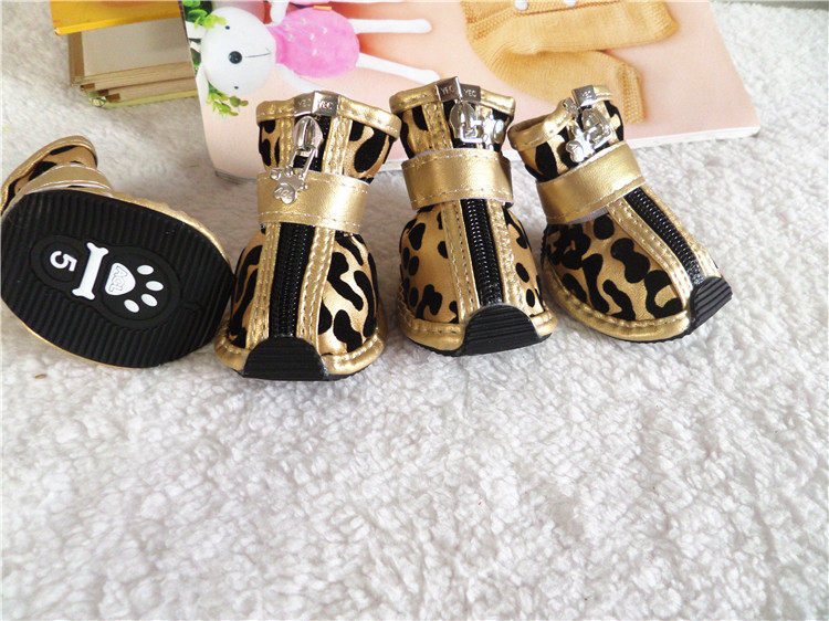 4pcs/set Gold Leopard Leather Pet Dog Shoes PU anti-slip Boot for small dogs Teddy dog cat Waterproof shoes Puppy Booties ZL353