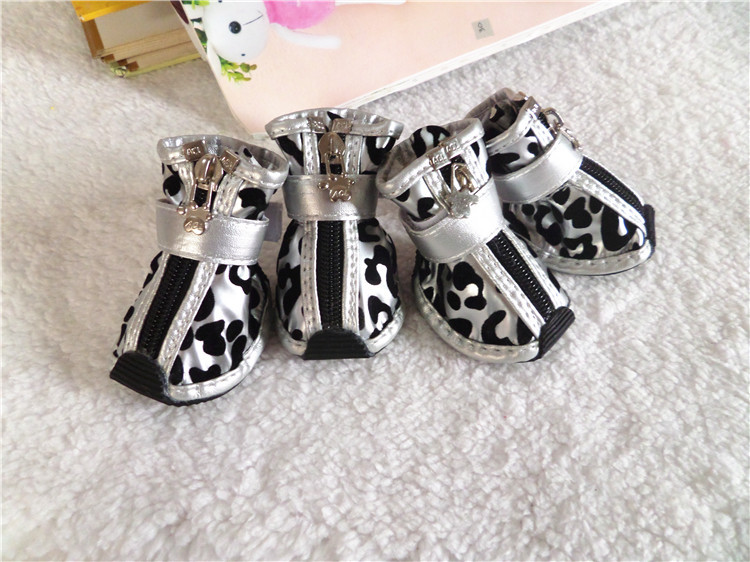 4pcs/set Gold Leopard Leather Pet Dog Shoes PU anti-slip Boot for small dogs Teddy dog cat Waterproof shoes Puppy Booties ZL353