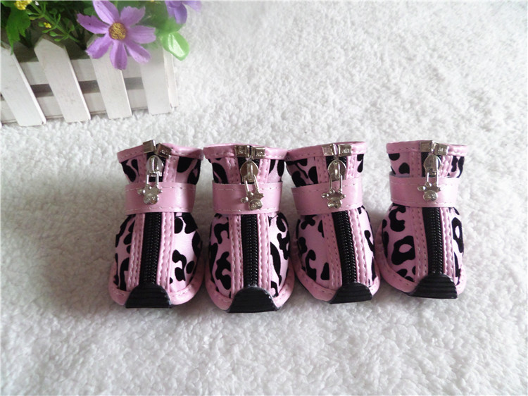 4pcs/set Gold Leopard Leather Pet Dog Shoes PU anti-slip Boot for small dogs Teddy dog cat Waterproof shoes Puppy Booties ZL353