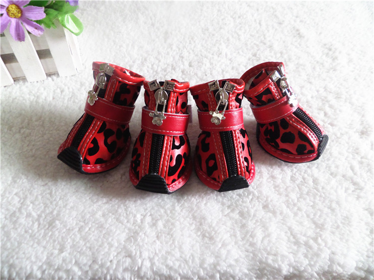 4pcs/set Gold Leopard Leather Pet Dog Shoes PU anti-slip Boot for small dogs Teddy dog cat Waterproof shoes Puppy Booties ZL353