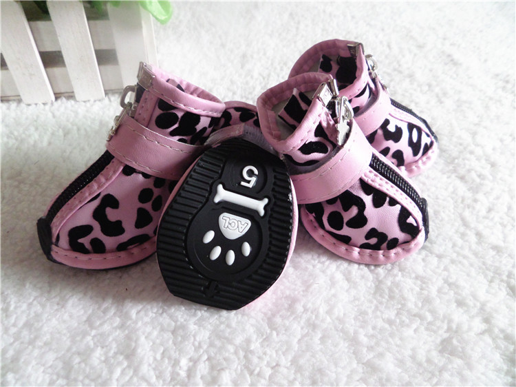 4pcs/set Gold Leopard Leather Pet Dog Shoes PU anti-slip Boot for small dogs Teddy dog cat Waterproof shoes Puppy Booties ZL353